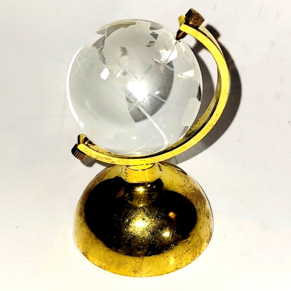 World Mini Globe, 🌍 Rotating Glass and Gold-tone Stand, Paperweight